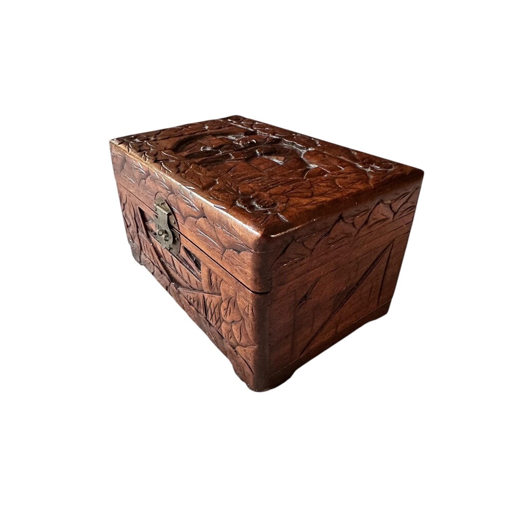 Vintage Hand-Carved Wooden Jewelry Box with Red Velvet Interior | Asian Trinket